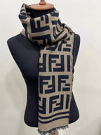 Fendi Vintage Tobacco & Black FF Monogram Jacquard Wool-Silk Fringed Scarf