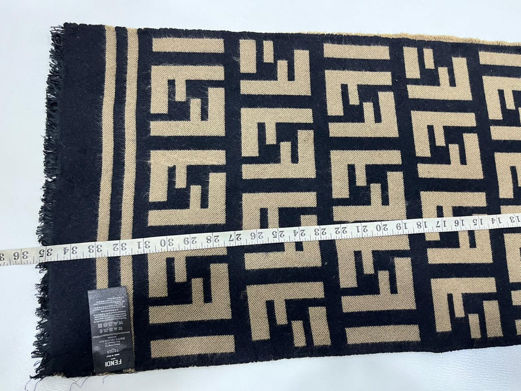 Fendi Vintage Tobacco & Black FF Monogram Jacquard Wool-Silk Fringed Scarf