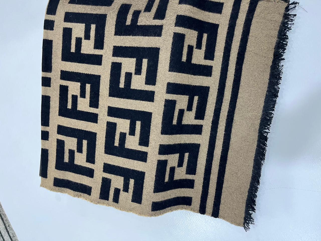 Fendi Vintage Tobacco & Black FF Monogram Jacquard Wool-Silk Fringed Scarf