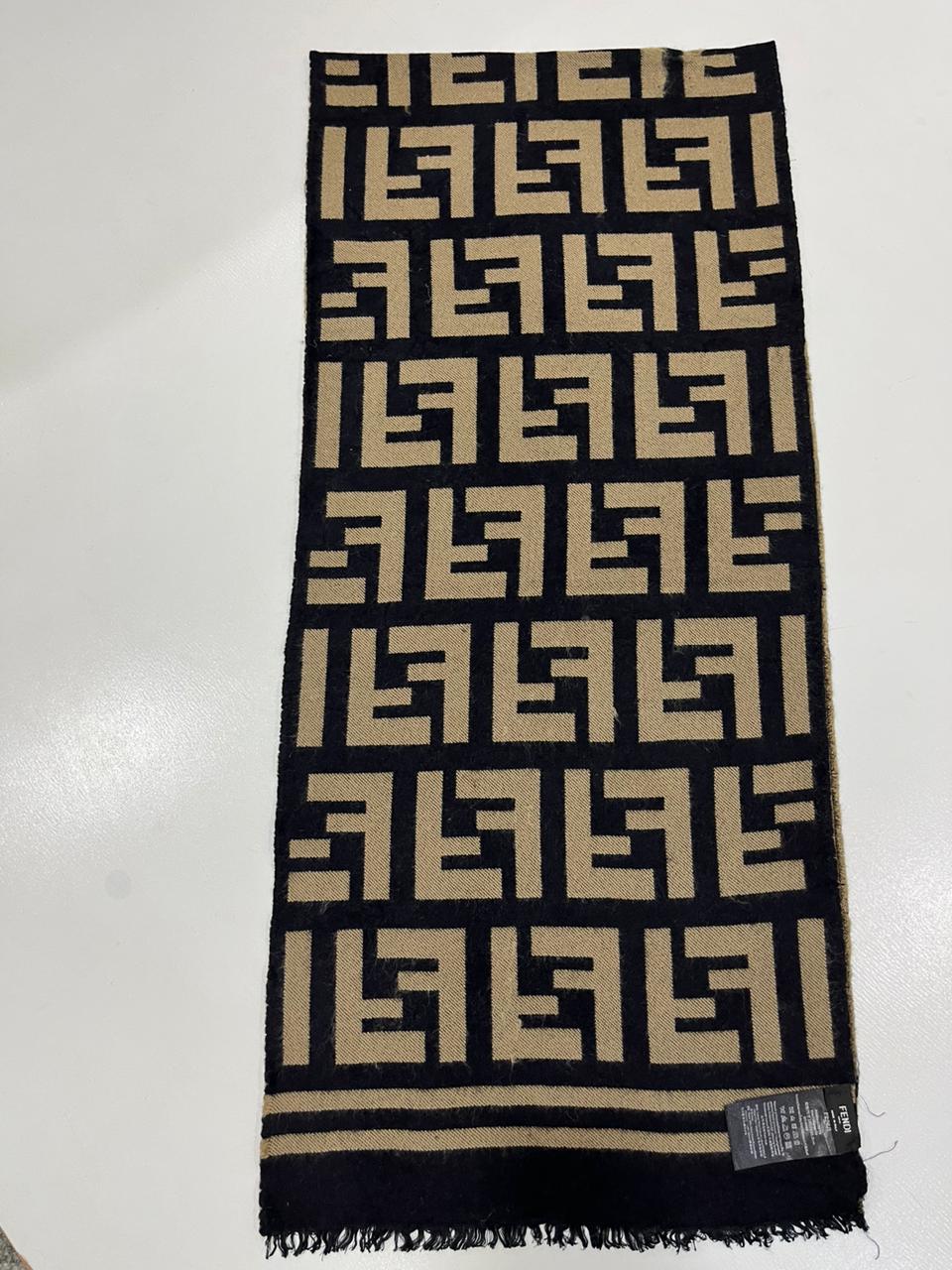 Fendi Vintage Tobacco & Black FF Monogram Jacquard Wool-Silk Fringed Scarf