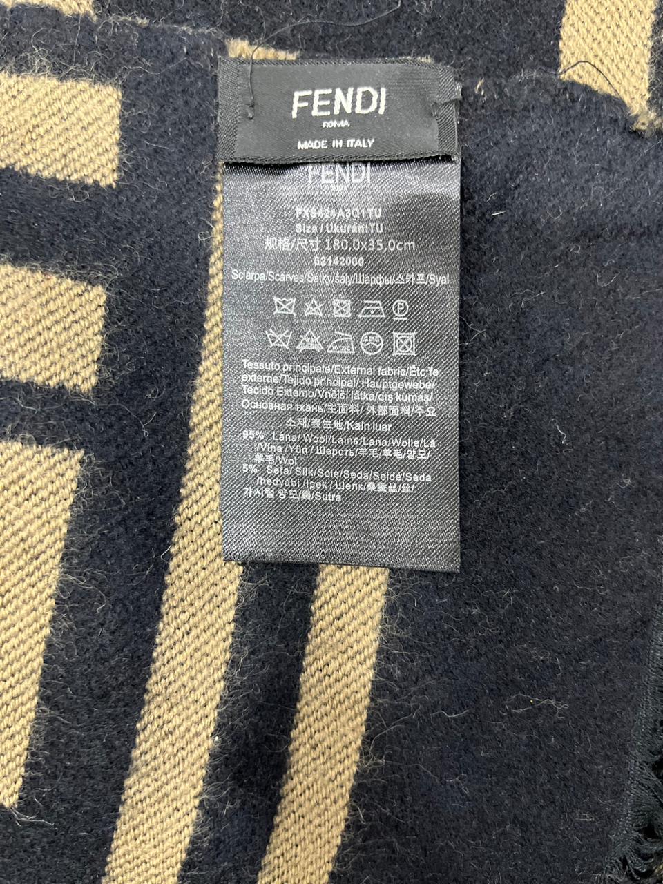 Fendi Vintage Tobacco & Black FF Monogram Jacquard Wool-Silk Fringed Scarf