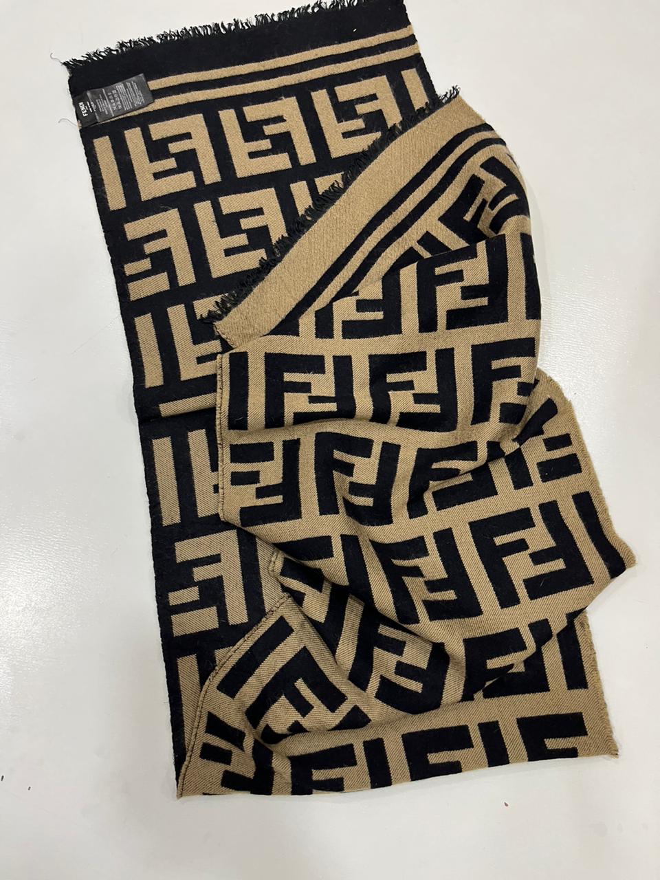 Fendi Vintage Tobacco & Black FF Monogram Jacquard Wool-Silk Fringed Scarf