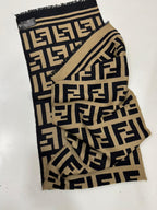 Fendi Vintage Tobacco & Black FF Monogram Jacquard Wool-Silk Fringed Scarf