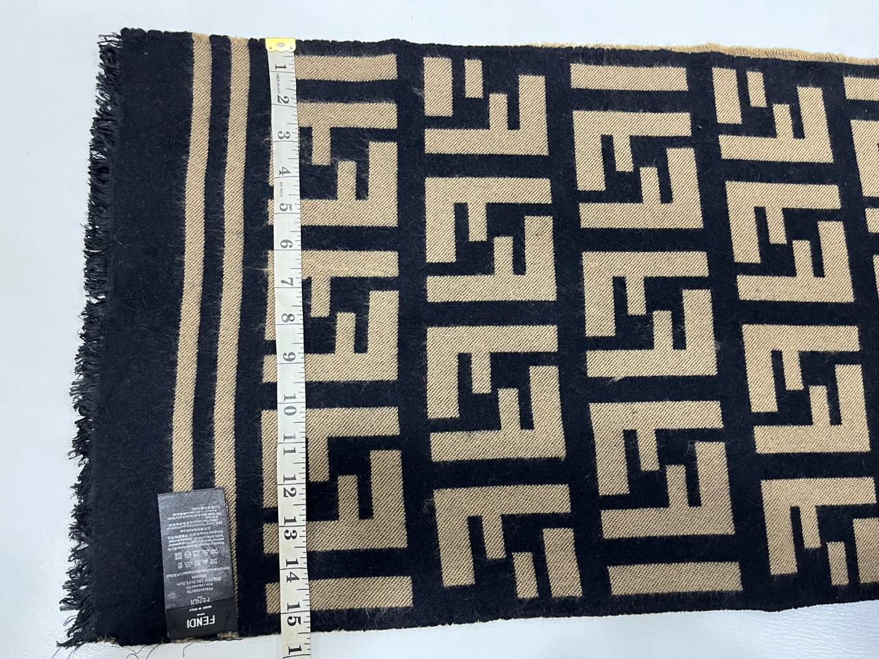 Fendi Vintage Tobacco & Black FF Monogram Jacquard Wool-Silk Fringed Scarf