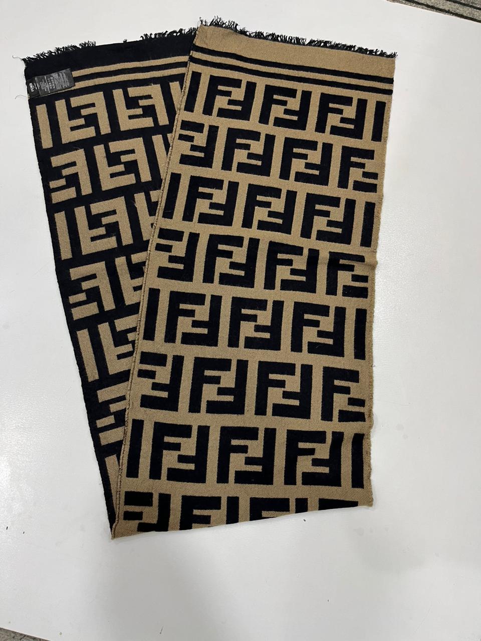 Fendi Vintage Tobacco & Black FF Monogram Jacquard Wool-Silk Fringed Scarf