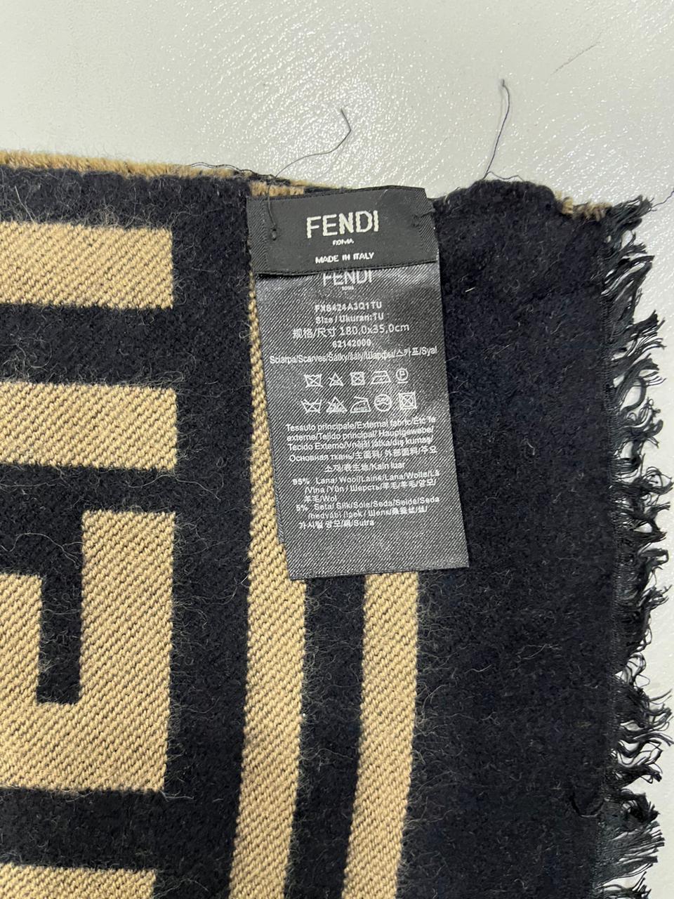 Fendi Vintage Tobacco & Black FF Monogram Jacquard Wool-Silk Fringed Scarf