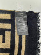 Fendi Vintage Tobacco & Black FF Monogram Jacquard Wool-Silk Fringed Scarf