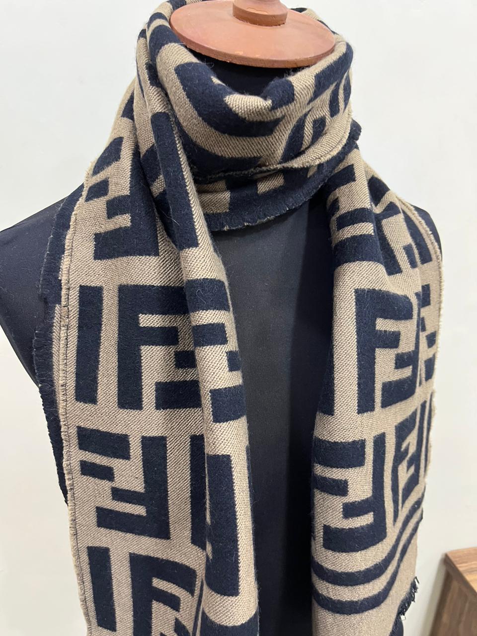 Fendi Vintage Tobacco & Black FF Monogram Jacquard Wool-Silk Fringed Scarf