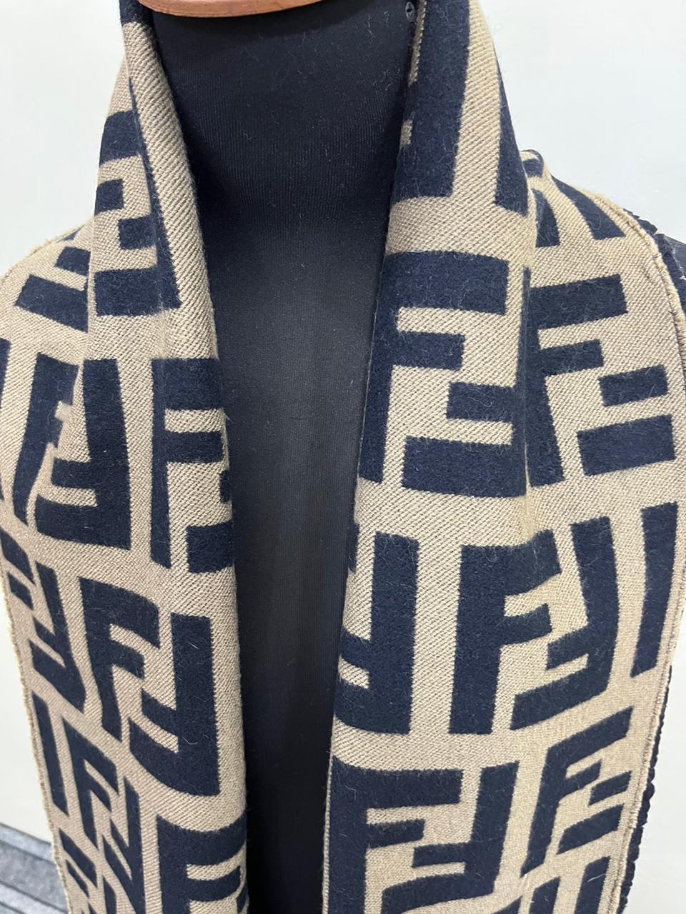 Fendi Vintage Tobacco & Black FF Monogram Jacquard Wool-Silk Fringed Scarf