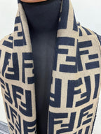 Fendi Vintage Tobacco & Black FF Monogram Jacquard Wool-Silk Fringed Scarf