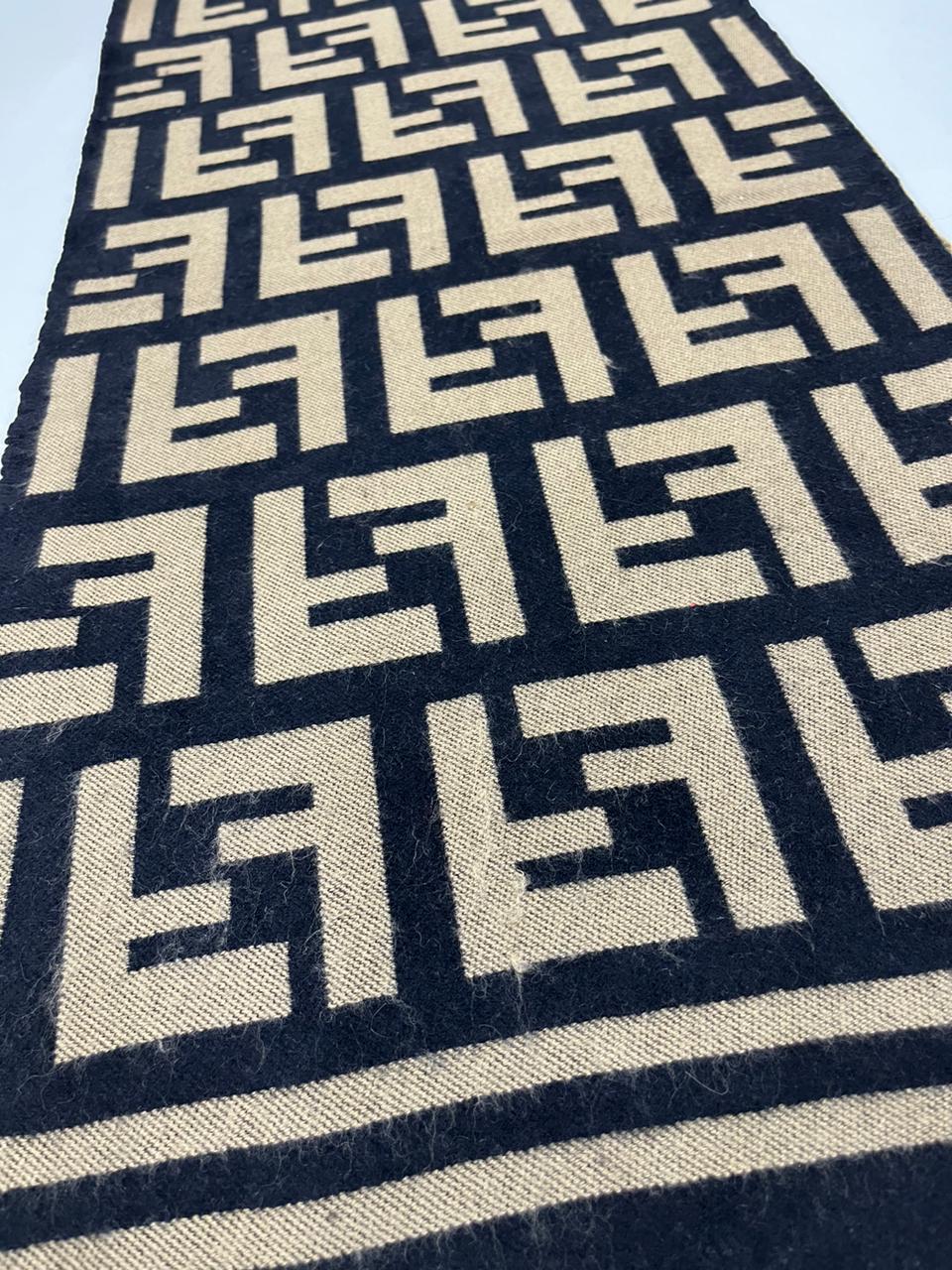 Fendi Vintage Tobacco & Black FF Monogram Jacquard Wool-Silk Fringed Scarf