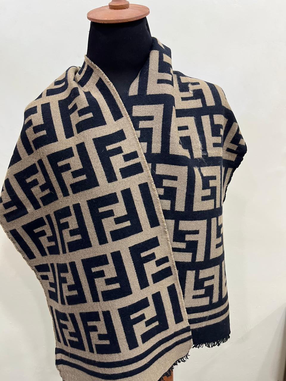 Fendi Vintage Tobacco & Black FF Monogram Jacquard Wool-Silk Fringed Scarf