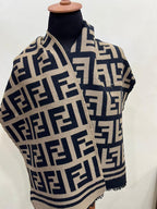 Fendi Vintage Tobacco & Black FF Monogram Jacquard Wool-Silk Fringed Scarf