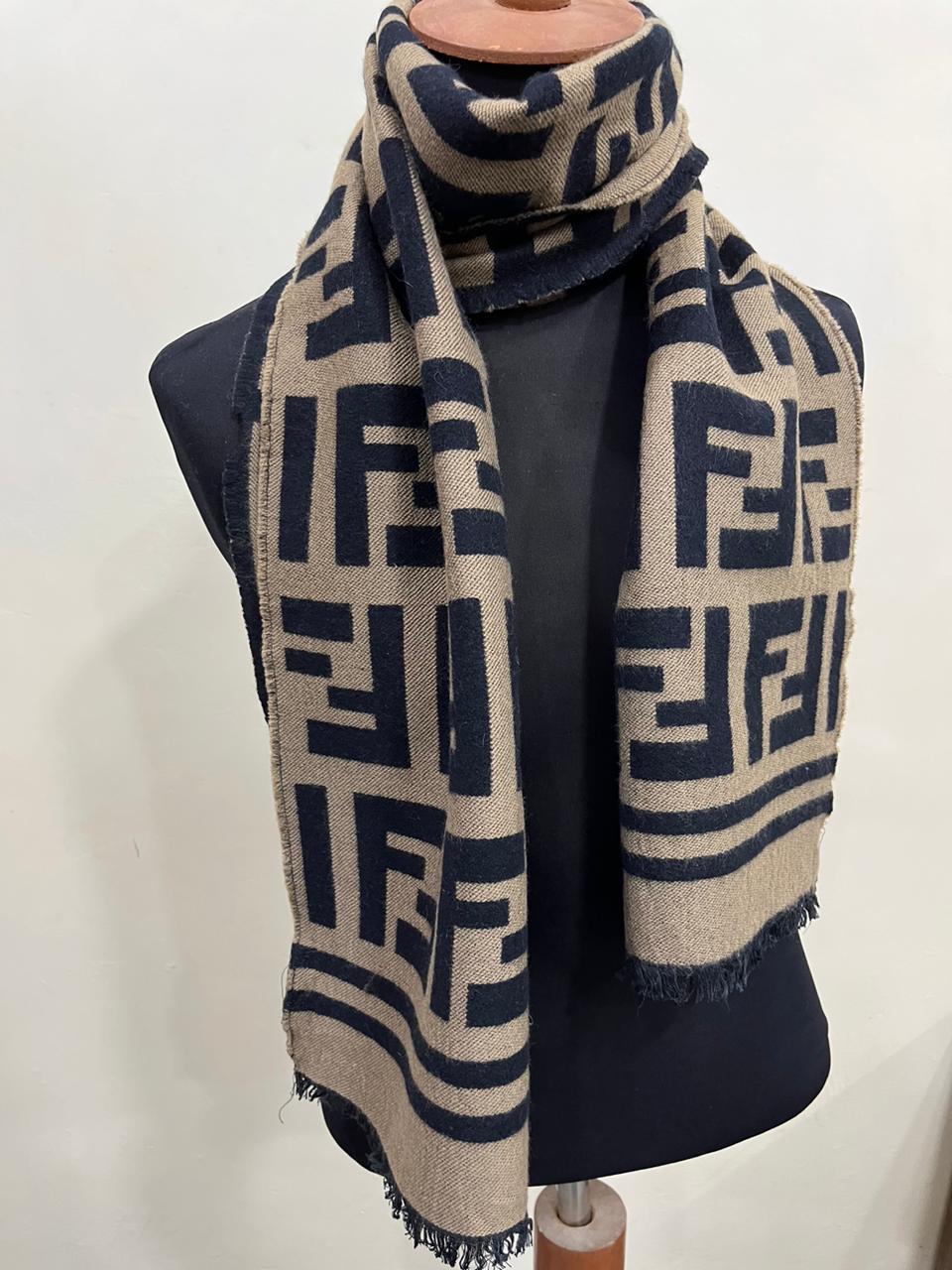 Fendi Vintage Tobacco & Black FF Monogram Jacquard Wool-Silk Fringed Scarf