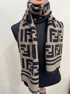 Fendi Vintage Tobacco & Black FF Monogram Jacquard Wool-Silk Fringed Scarf