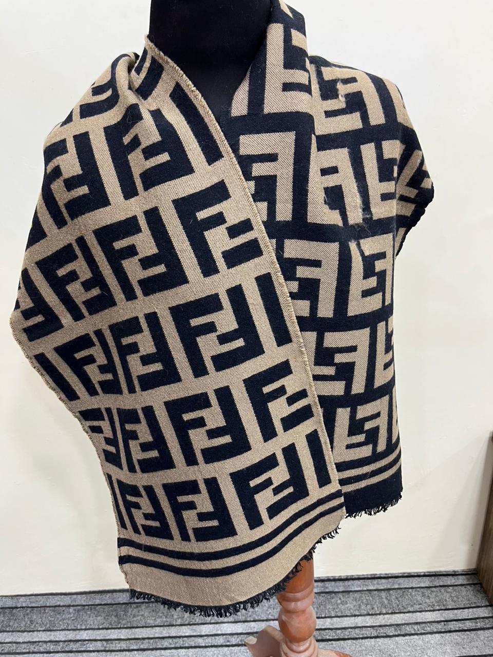 Fendi Vintage Tobacco & Black FF Monogram Jacquard Wool-Silk Fringed Scarf