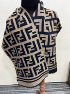 Fendi Vintage Tobacco & Black FF Monogram Jacquard Wool-Silk Fringed Scarf