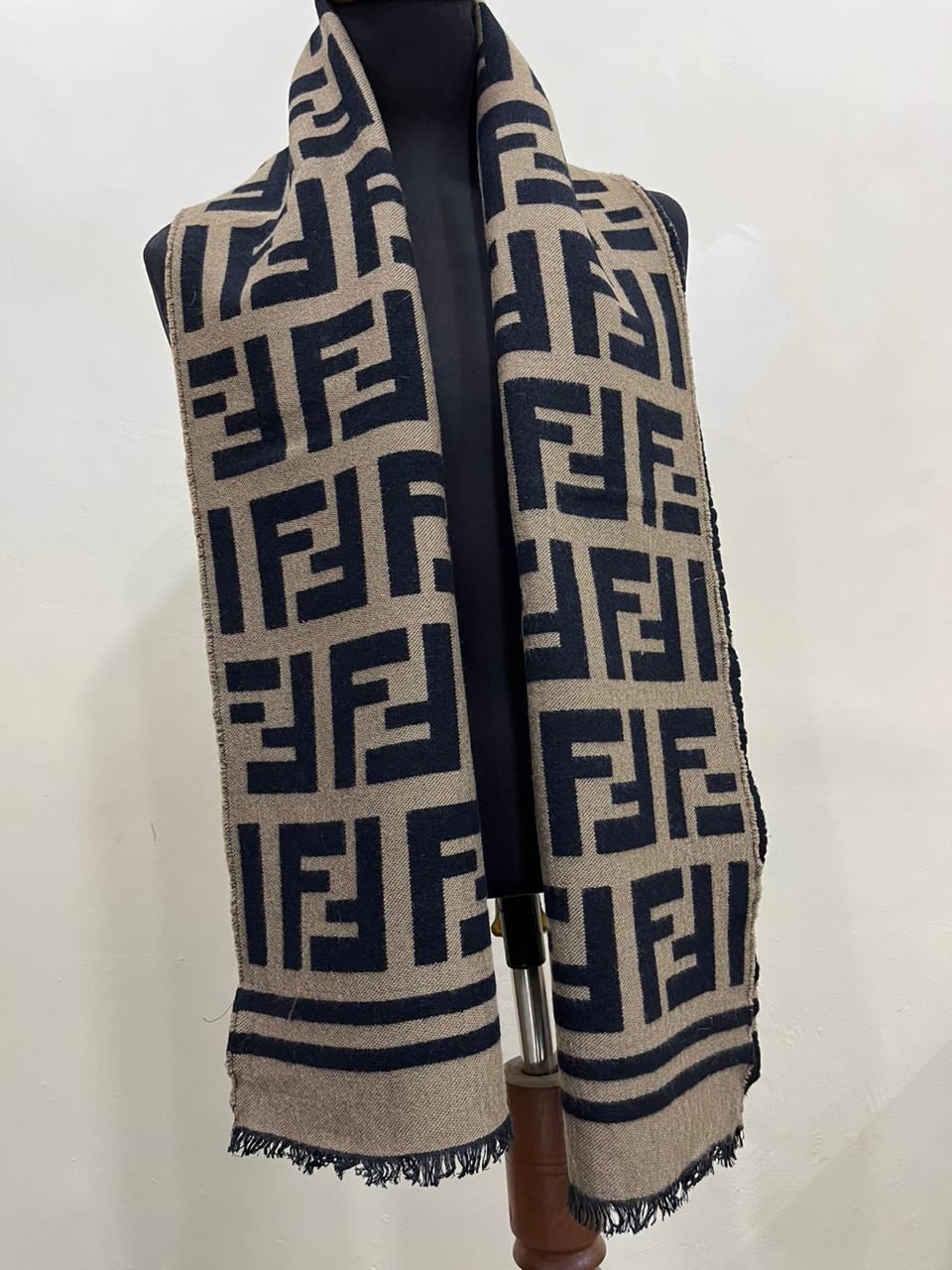 Fendi Vintage Tobacco & Black FF Monogram Jacquard Wool-Silk Fringed Scarf