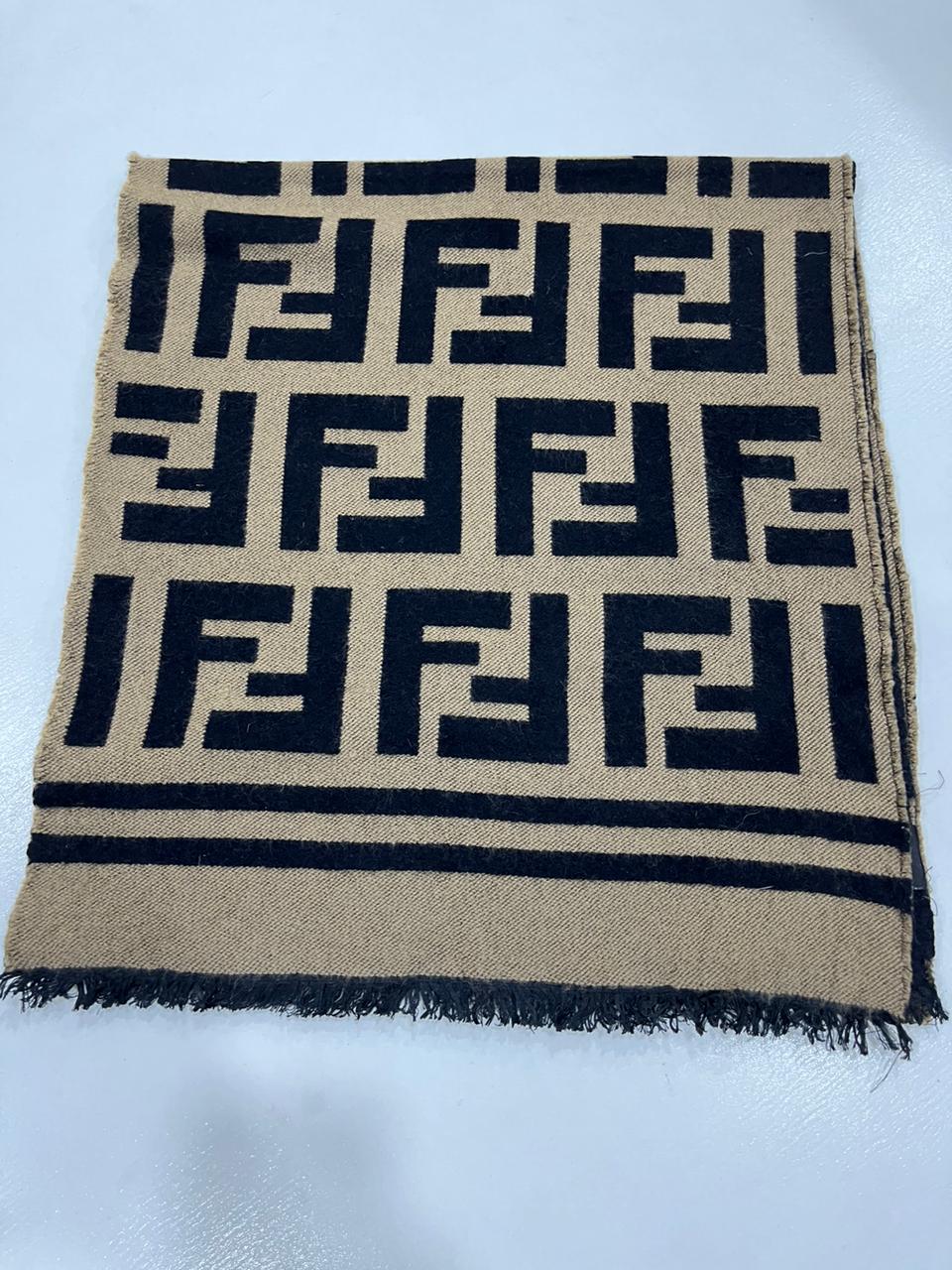 Authentic Fendi FF Monogram Wool Scarf | Tobacco & Black – Samr