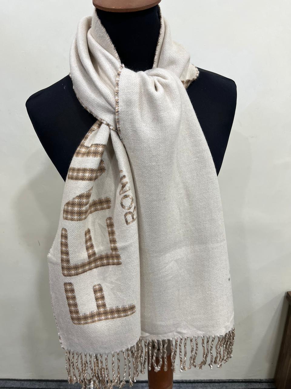 Fendi FXT324 Wool & Cashmere FF Scarf Beige 38 × 215 cm