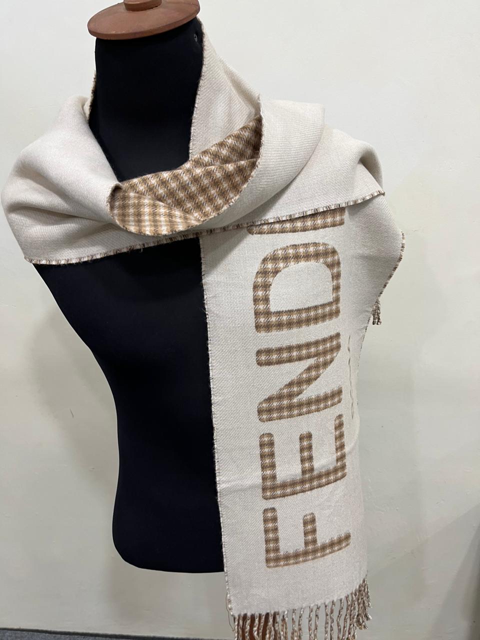 Fendi FXT324 Wool & Cashmere FF Scarf Beige 38 × 215 cm