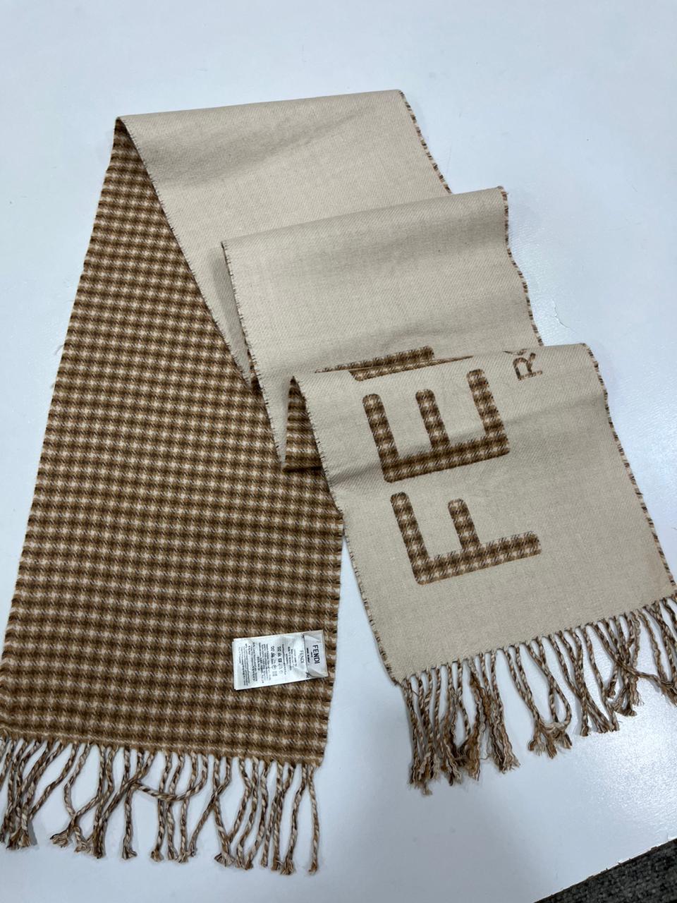 Fendi FXT324 Wool & Cashmere FF Scarf Beige 38 × 215 cm