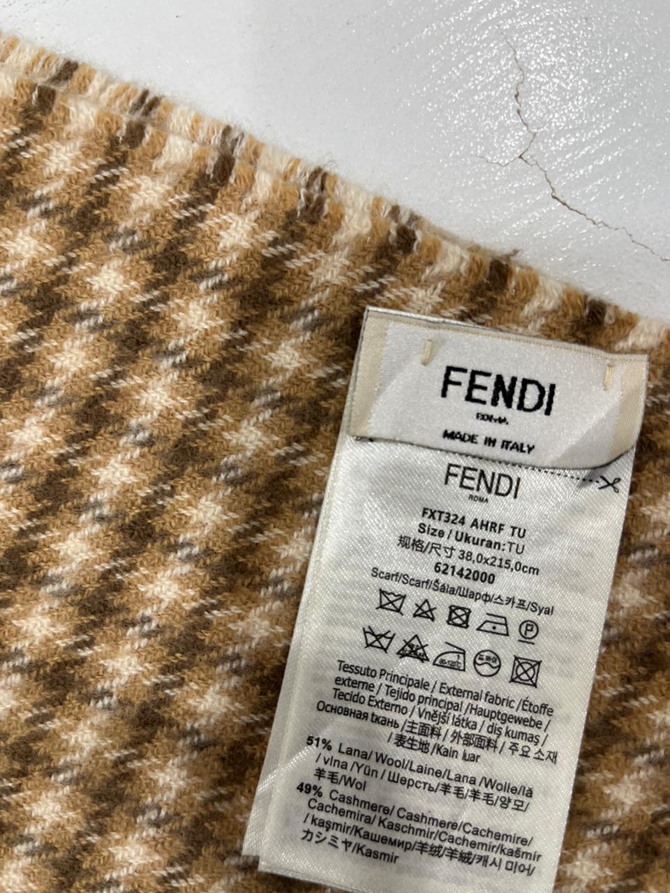 Fendi FXT324 Wool & Cashmere FF Scarf Beige 38 × 215 cm
