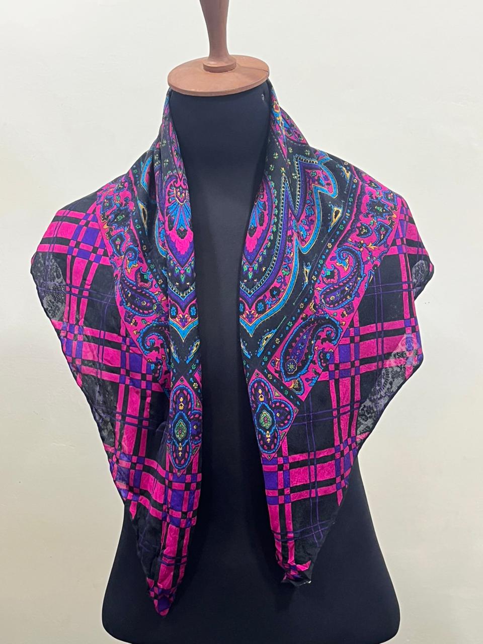 Vintage Yves Saint Laurent YSL Plaid Paisley Mandala Silk Scarf 34"