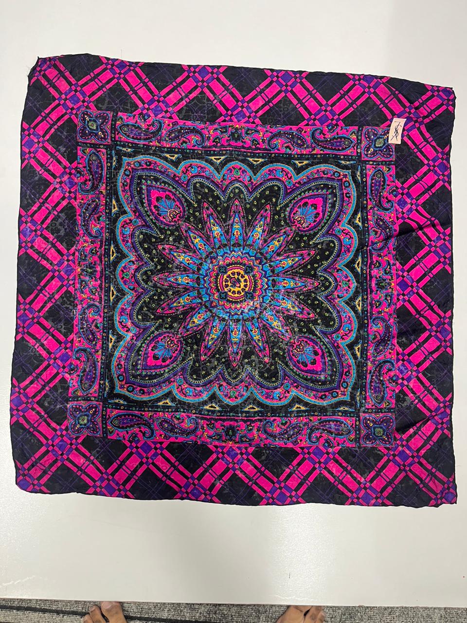 Vintage Yves Saint Laurent YSL Plaid Paisley Mandala Silk Scarf 34"