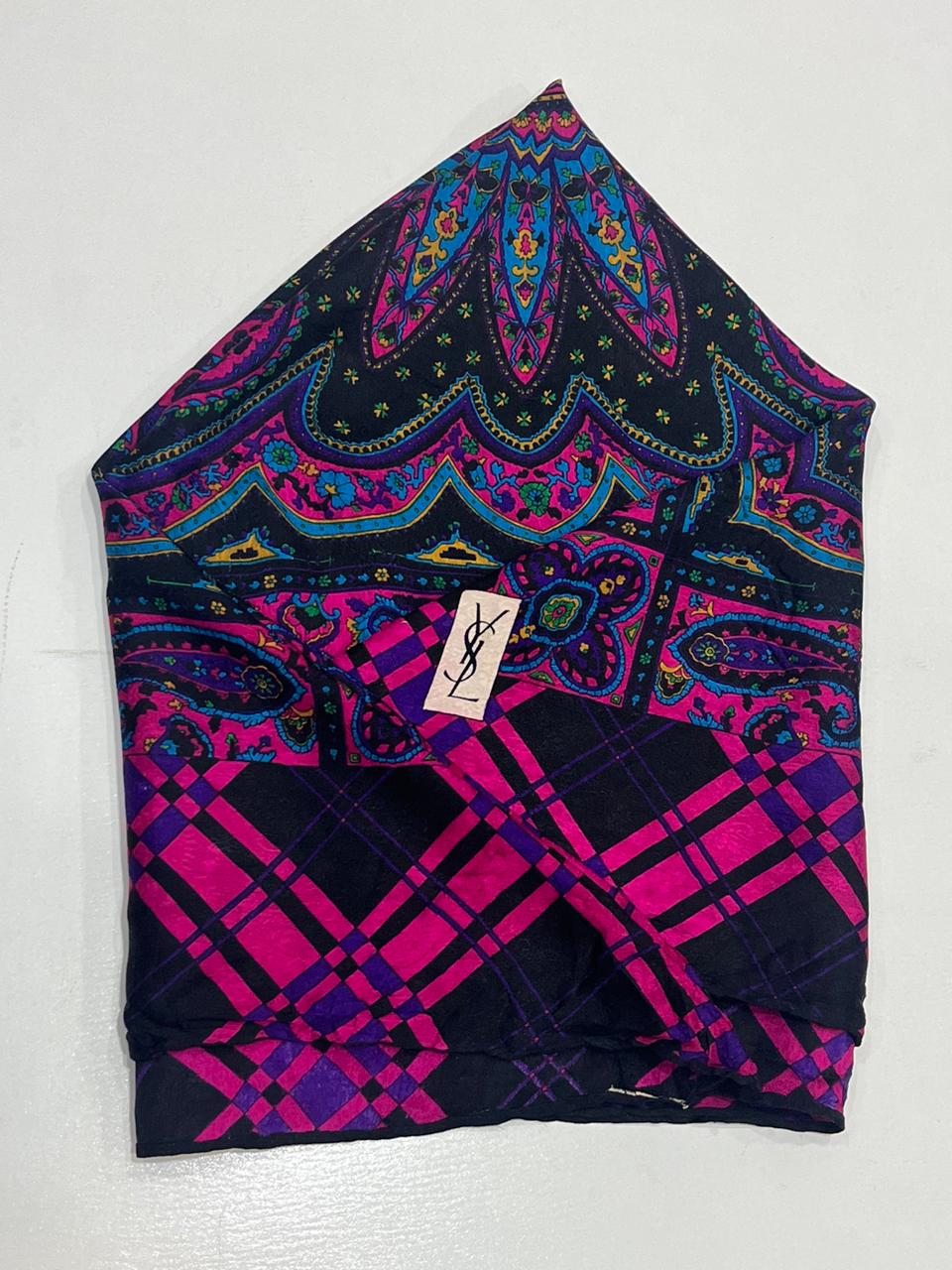 Vintage Yves Saint Laurent YSL Plaid Paisley Mandala Silk Scarf 34"