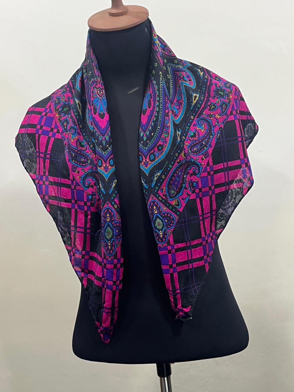 Vintage Yves Saint Laurent YSL Plaid Paisley Mandala Silk Scarf 34"