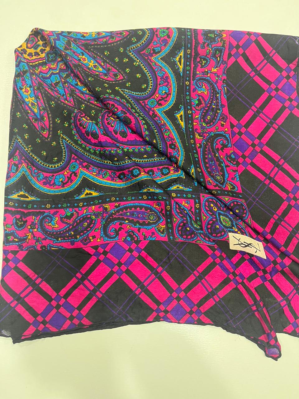 Vintage Yves Saint Laurent YSL Plaid Paisley Mandala Silk Scarf 34"