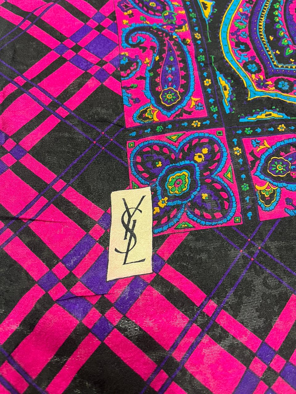 Vintage Yves Saint Laurent YSL Plaid Paisley Mandala Silk Scarf 34"
