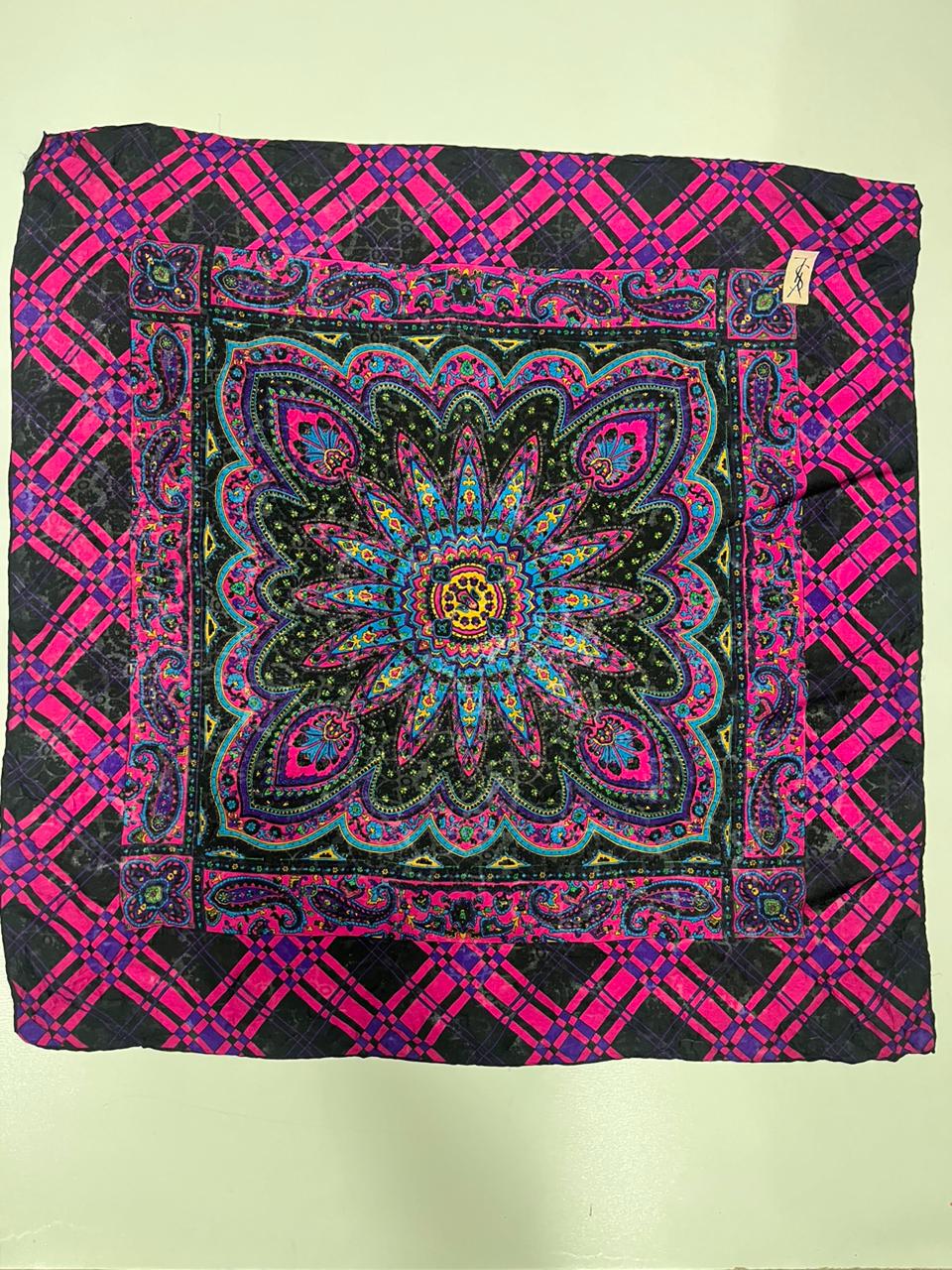 Vintage Yves Saint Laurent YSL Plaid Paisley Mandala Silk Scarf 34"