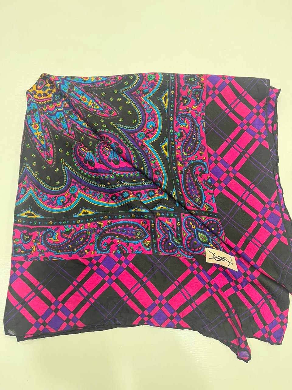 Vintage Yves Saint Laurent YSL Plaid Paisley Mandala Silk Scarf 34"