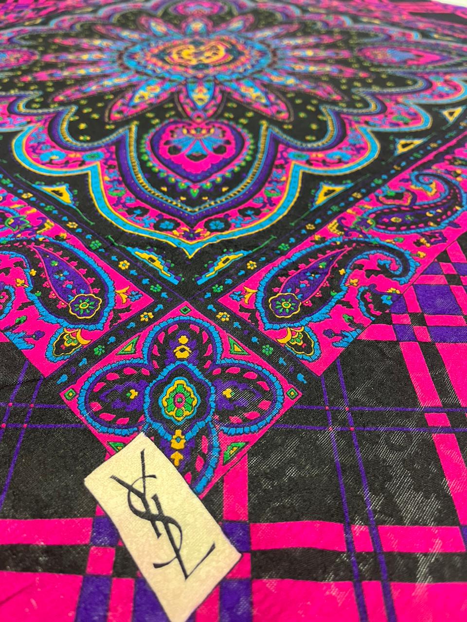 Vintage Yves Saint Laurent YSL Plaid Paisley Mandala Silk Scarf 34"