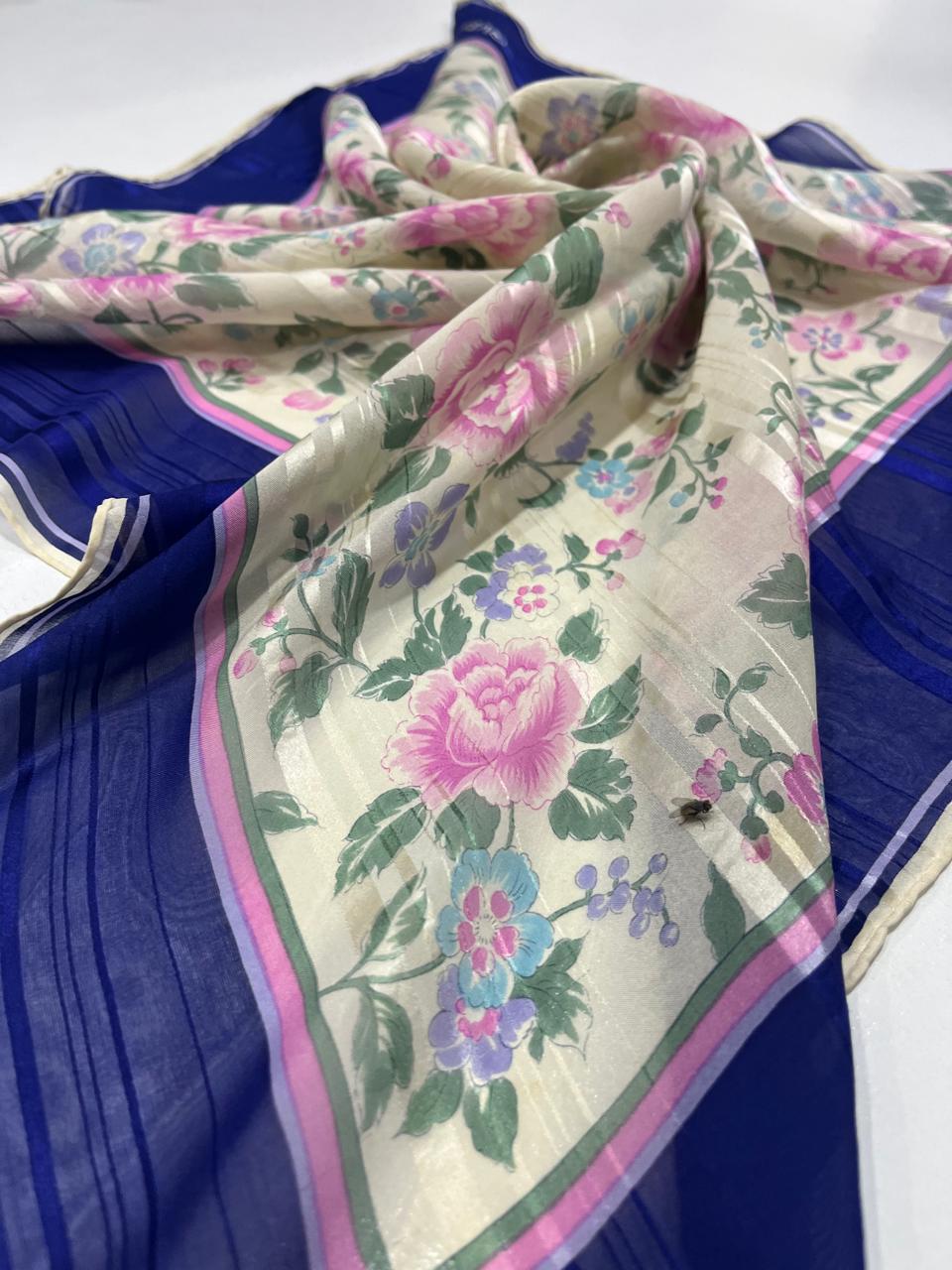 Vintage Givenchy Floral Silk Chiffon Scarf – Navy Border & Pink Roses