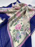 Vintage Givenchy Floral Silk Chiffon Scarf – Navy Border & Pink Roses