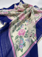 Vintage Givenchy Floral Silk Chiffon Scarf – Navy Border & Pink Roses