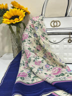 Vintage Givenchy Floral Silk Chiffon Scarf – Navy Border & Pink Roses