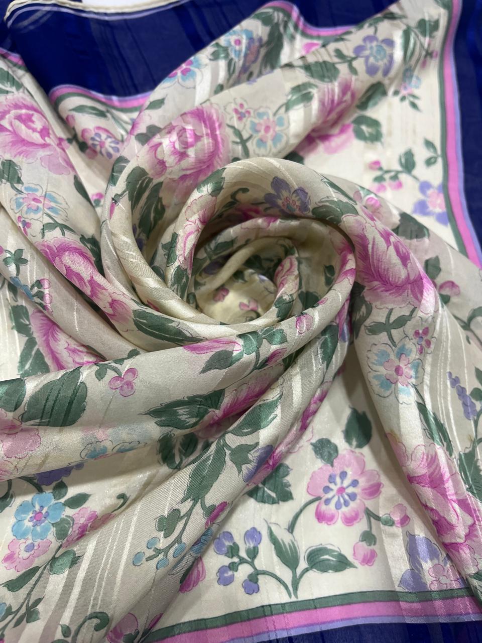 Vintage Givenchy Floral Silk Chiffon Scarf – Navy Border & Pink Roses