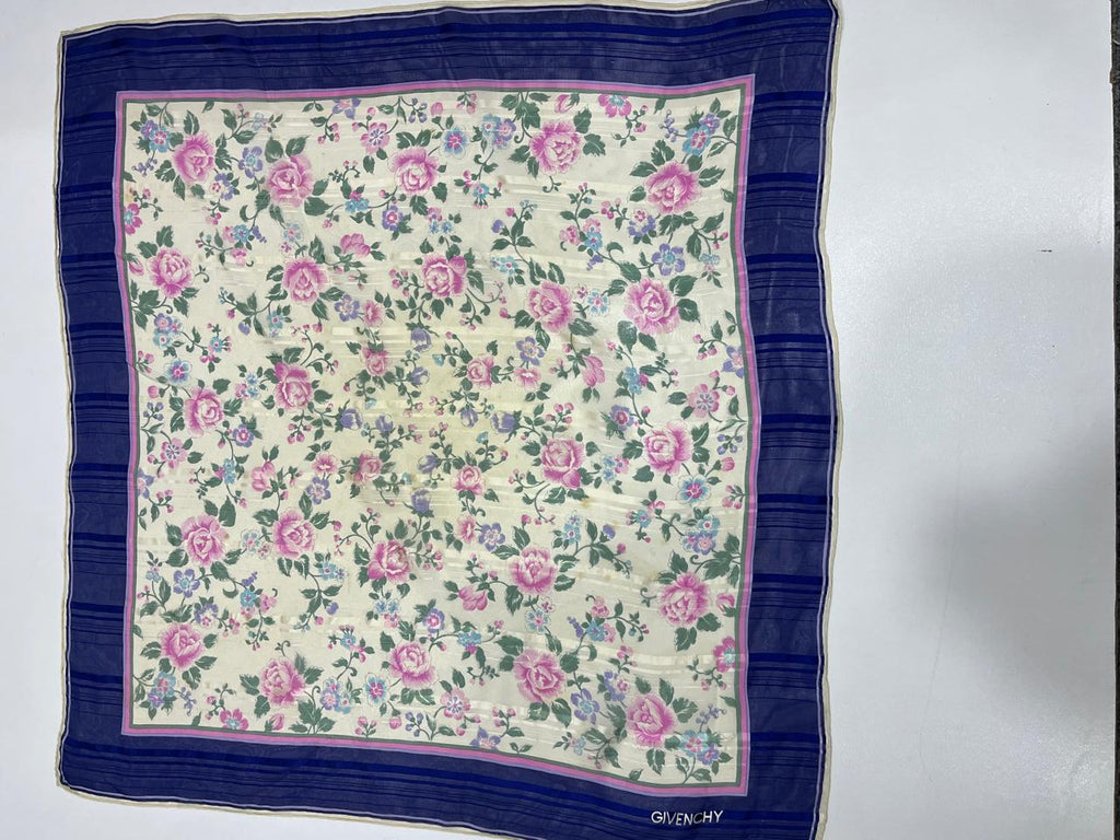 Vintage Givenchy Floral Silk Chiffon Scarf – Navy Border & Pink Roses