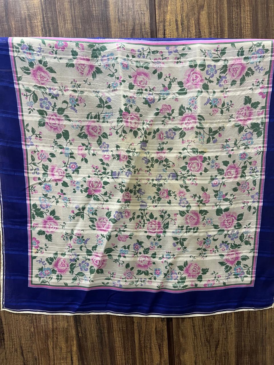 Vintage Givenchy Floral Silk Chiffon Scarf – Navy Border & Pink Roses