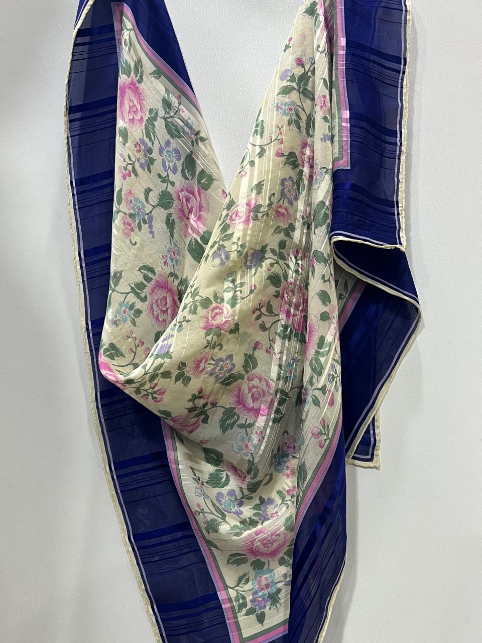 Vintage Givenchy Floral Silk Chiffon Scarf – Navy Border & Pink Roses