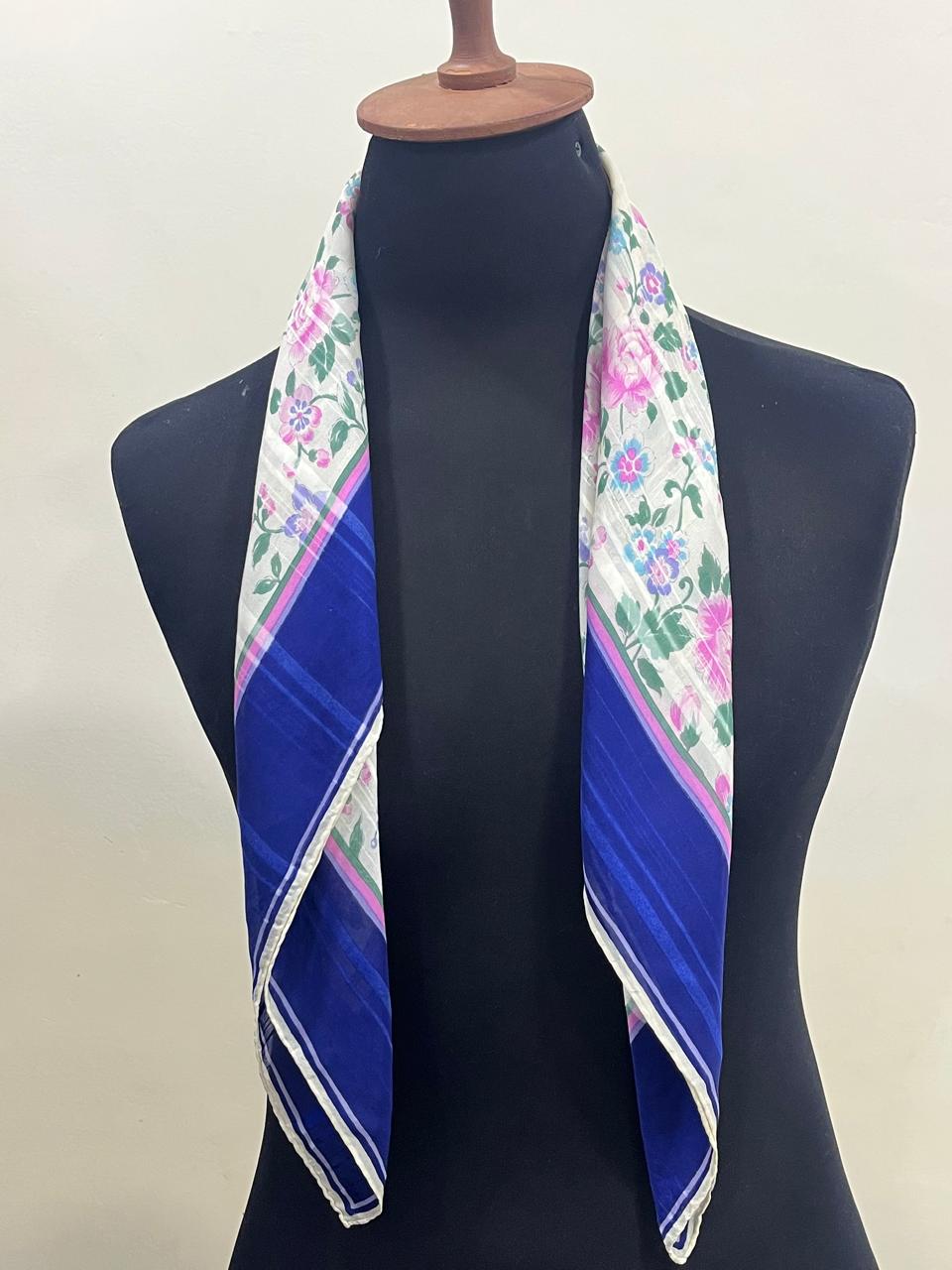 Vintage Givenchy Floral Silk Chiffon Scarf – Navy Border & Pink Roses