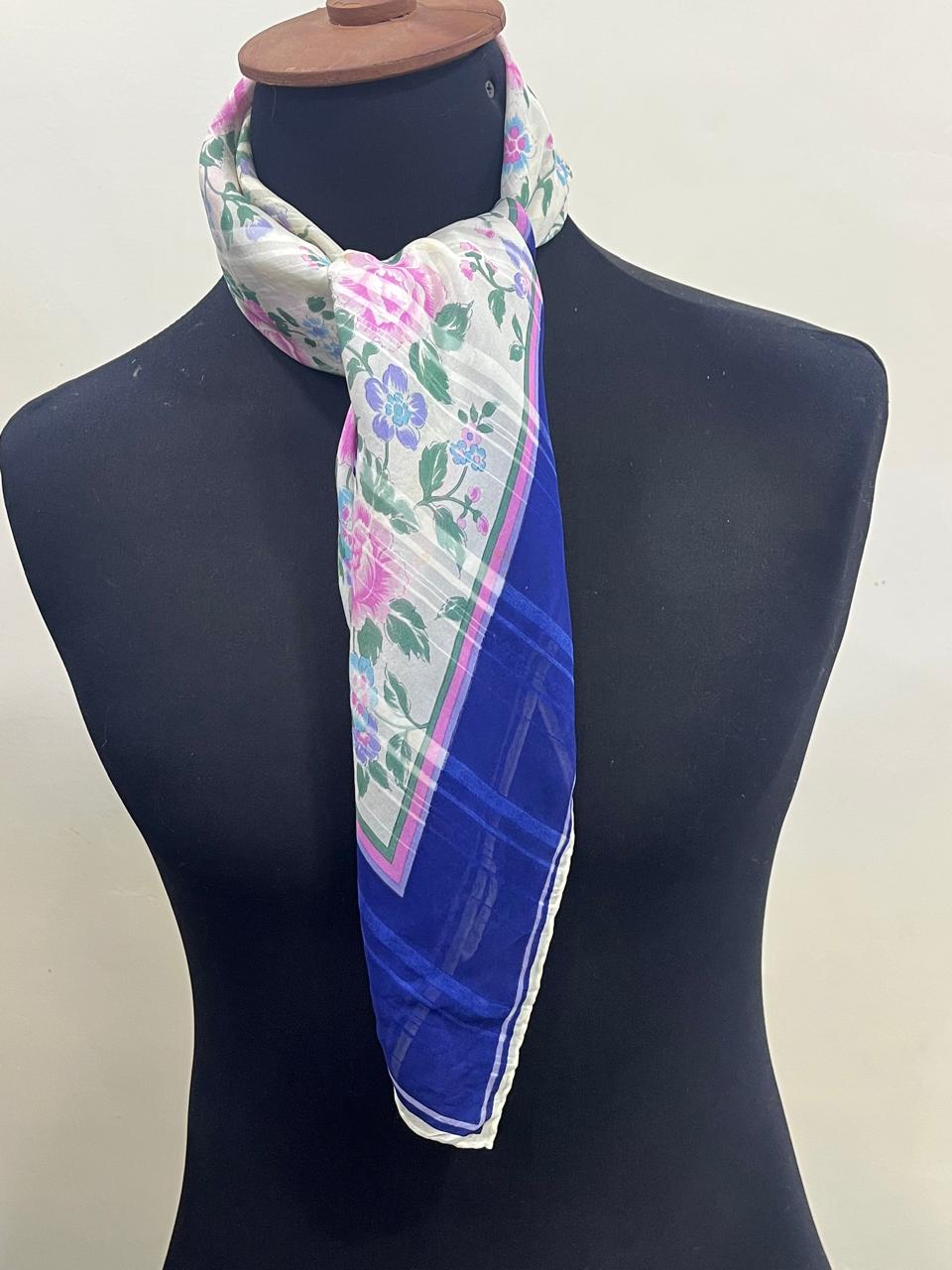 Vintage Givenchy Floral Silk Chiffon Scarf – Navy Border & Pink Roses