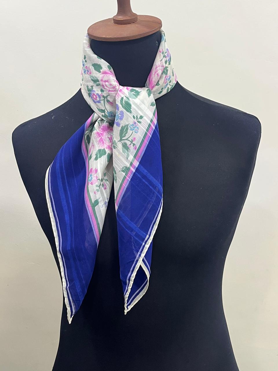 Vintage Givenchy Floral Silk Chiffon Scarf – Navy Border & Pink Roses