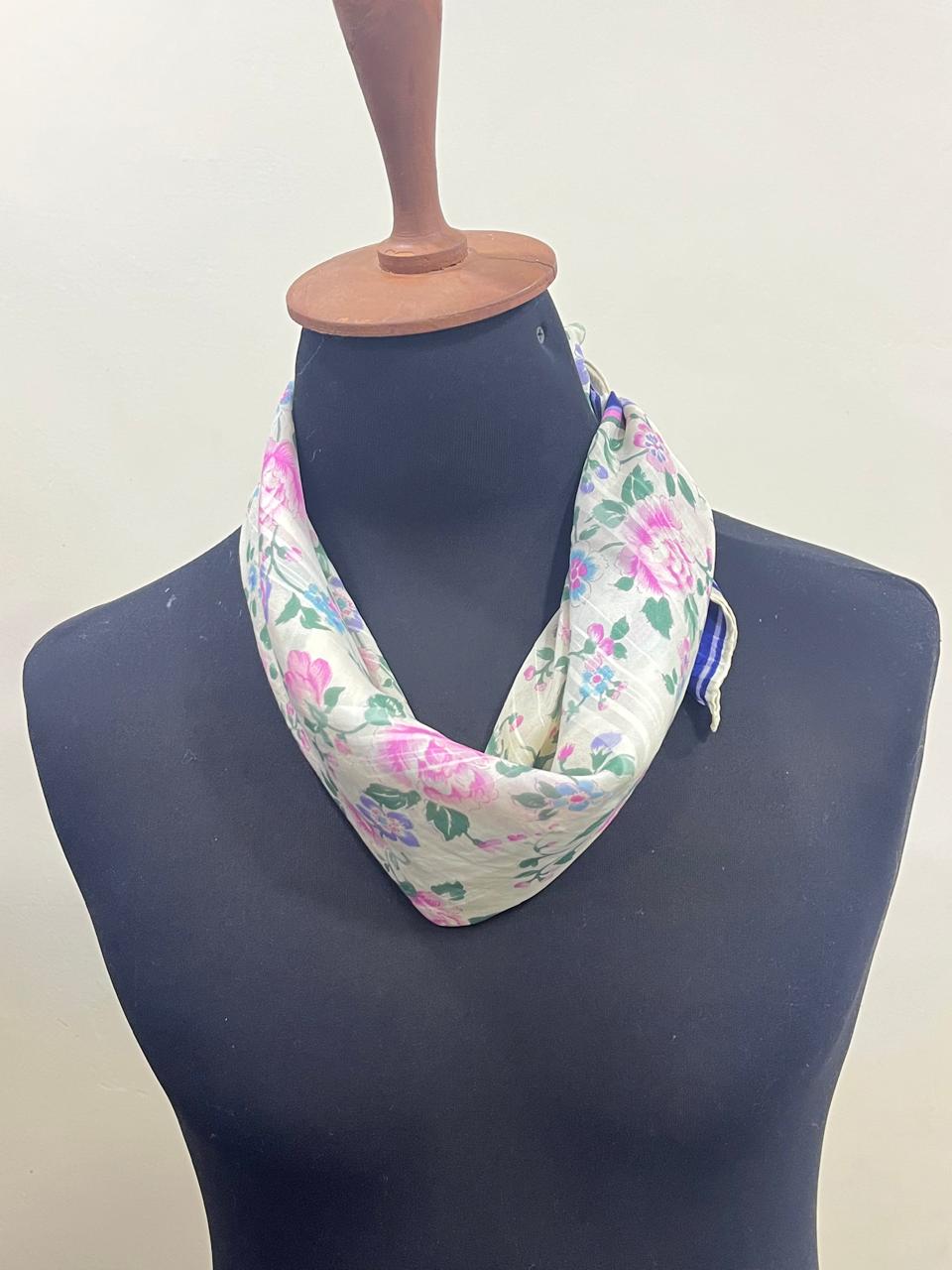 Vintage Givenchy Floral Silk Chiffon Scarf – Navy Border & Pink Roses