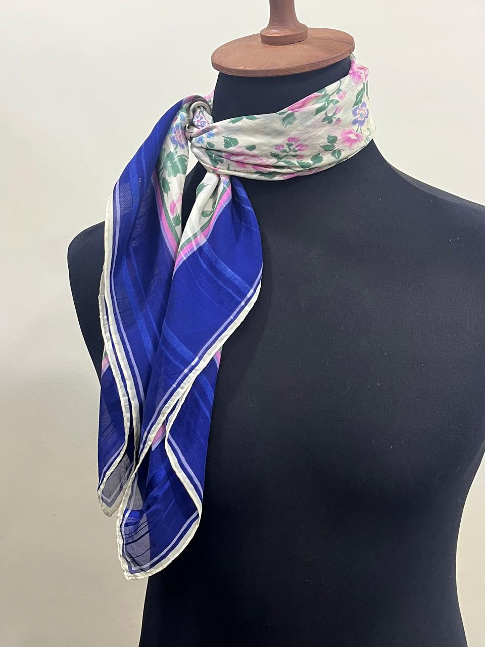 Vintage Givenchy Floral Silk Chiffon Scarf – Navy Border & Pink Roses