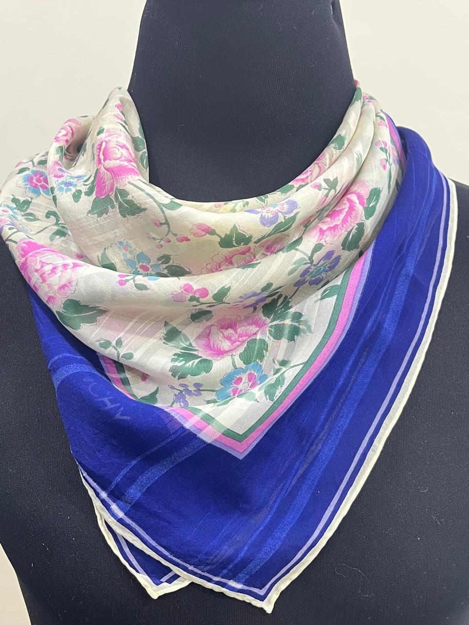 Vintage Givenchy Floral Silk Chiffon Scarf – Navy Border & Pink Roses